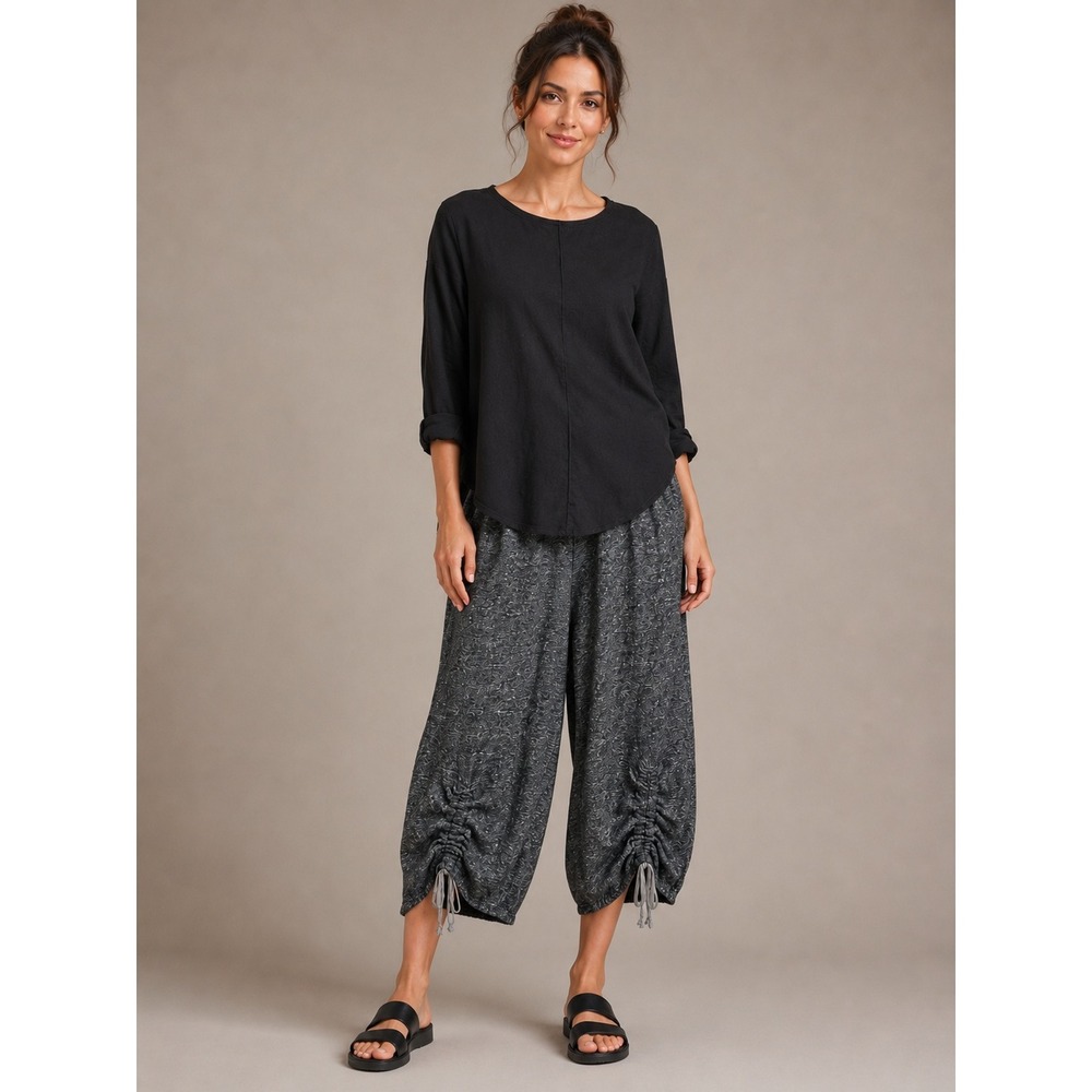 Bryn Walker Wide Leg Pants L Grey Ruched Hem Cotton Wool Lagenlook Casual